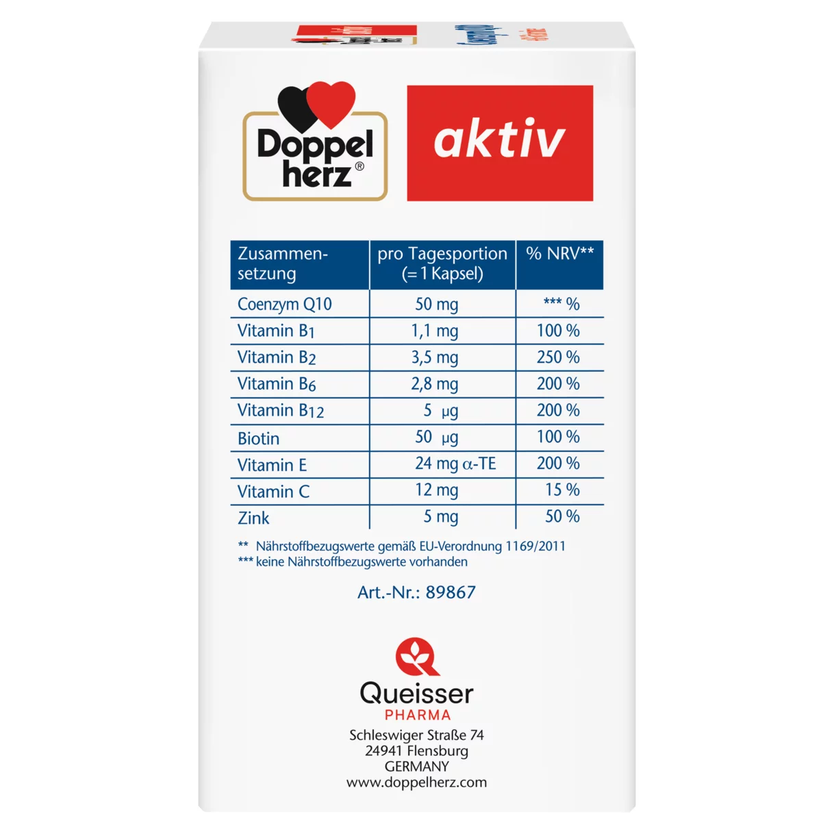 Illustration of the product packaging Doppelherz aktiv Coenzym Q10 +B-vitamins  side view left